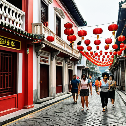 Home 11 Prompt: A vibrant street scene in Macau showcasing the blend of Portuguese and Chinese cultures. Include Senado Square with its cobblestone streets and traditional Portuguese architecture, juxtaposed with Chinese lanterns and signage. Capture the bustling atmosphere with locals and tourists exploring the area, highlighting the unique cultural fusion.