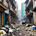 **Prompt 1: The Hidden Cost of Prosperity in Macau**
    A gritty, realistic depiction of Macau's environmental struggles. In the foreground, overflowing bins and piles of plastic waste litter a narrow, bustling alleyway, contrasting sharply with the distant, gleaming high-rise casinos and luxury hotels of the city. The air is visibly hazy with smog, hinting at air pollution, and the scene evokes a sense of overwhelming urban noise and congestion. The overall impression is one of a vibrant city struggling under the weight of its rapid development and over-tourism.