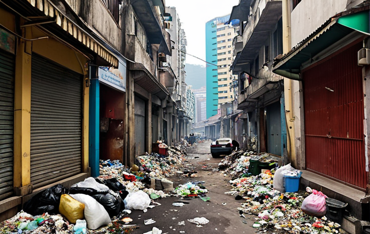 **Prompt 1: The Hidden Cost of Prosperity in Macau**
    A gritty, realistic depiction of Macau's environmental struggles. In the foreground, overflowing bins and piles of plastic waste litter a narrow, bustling alleyway, contrasting sharply with the distant, gleaming high-rise casinos and luxury hotels of the city. The air is visibly hazy with smog, hinting at air pollution, and the scene evokes a sense of overwhelming urban noise and congestion. The overall impression is one of a vibrant city struggling under the weight of its rapid development and over-tourism.