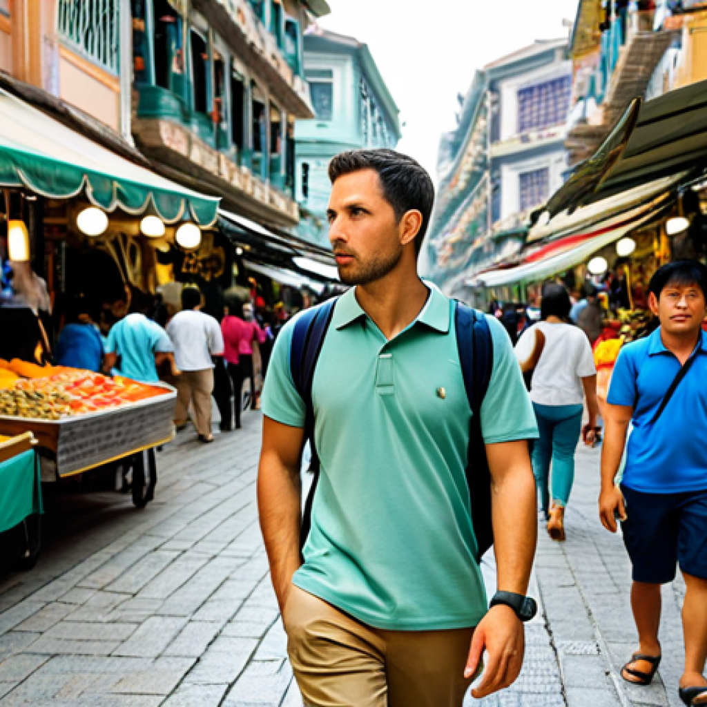 A professional male tourist in a modest polo shirt and khaki trousers, walking through a bustling, vibrant street market in Macau. He holds his secure, fully zipped backpack in front of him, subtly observing his surroundings with a cautious yet calm expression. Traditional Portuguese-style architecture blends with colorful market stalls in the background. The scene is well-lit, conveying an atmosphere of vigilance and safety while exploring. fully clothed, appropriate attire, safe for work, appropriate content, perfect anatomy, correct proportions, natural pose, well-formed hands, proper finger count, natural body proportions, professional photography, high quality, family-friendly.