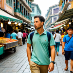 A professional male tourist in a modest polo shirt and khaki trousers, walking through a bustling, vibrant street market in Macau. He holds his secure, fully zipped backpack in front of him, subtly observing his surroundings with a cautious yet calm expression. Traditional Portuguese-style architecture blends with colorful market stalls in the background. The scene is well-lit, conveying an atmosphere of vigilance and safety while exploring. fully clothed, appropriate attire, safe for work, appropriate content, perfect anatomy, correct proportions, natural pose, well-formed hands, proper finger count, natural body proportions, professional photography, high quality, family-friendly.
