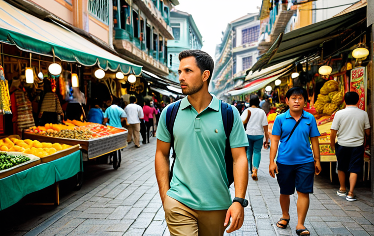 A professional male tourist in a modest polo shirt and khaki trousers, walking through a bustling, vibrant street market in Macau. He holds his secure, fully zipped backpack in front of him, subtly observing his surroundings with a cautious yet calm expression. Traditional Portuguese-style architecture blends with colorful market stalls in the background. The scene is well-lit, conveying an atmosphere of vigilance and safety while exploring. fully clothed, appropriate attire, safe for work, appropriate content, perfect anatomy, correct proportions, natural pose, well-formed hands, proper finger count, natural body proportions, professional photography, high quality, family-friendly.